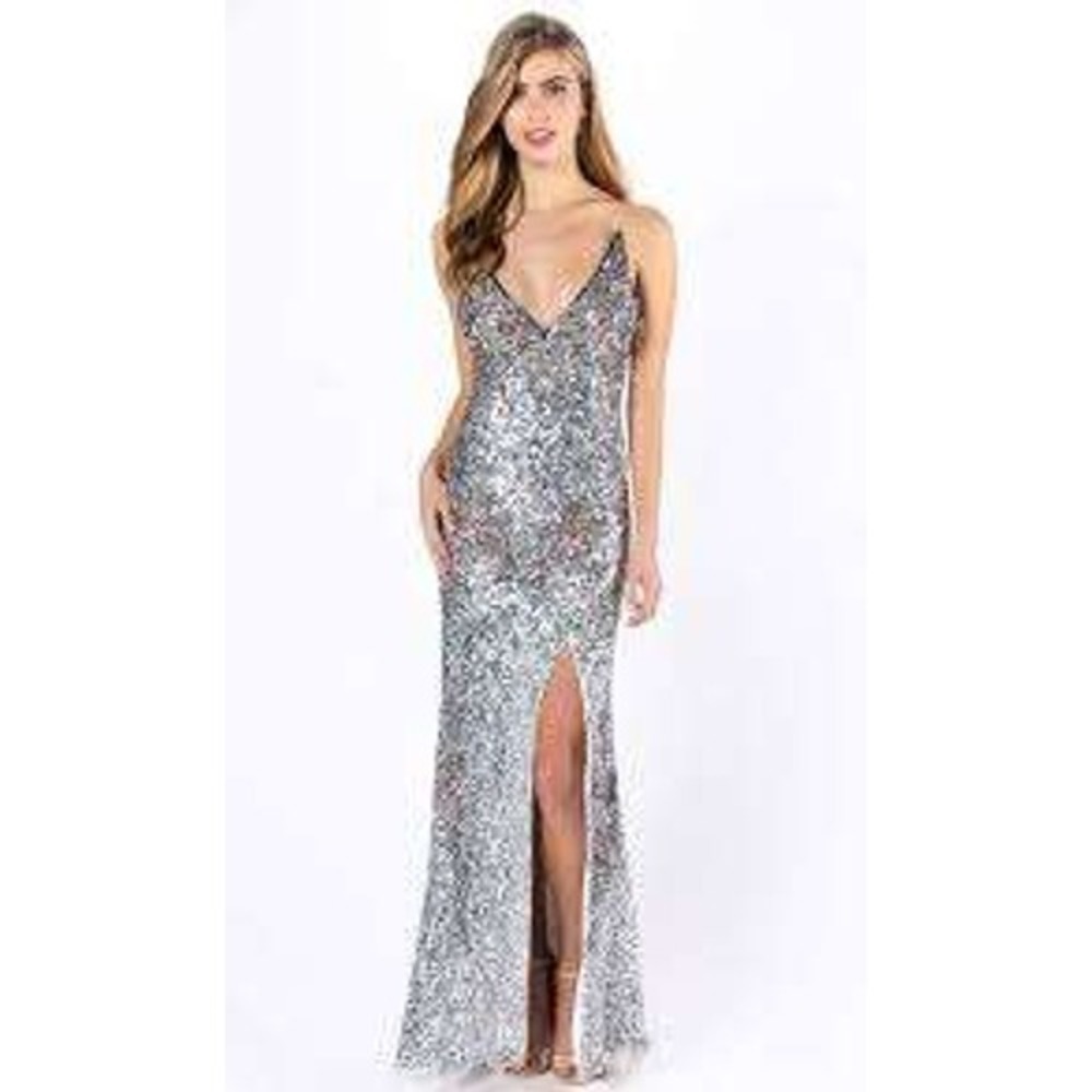 Azura Womens Silver Sequin Maxi Dress Lace Up Back High Slit Formal Gown (67)